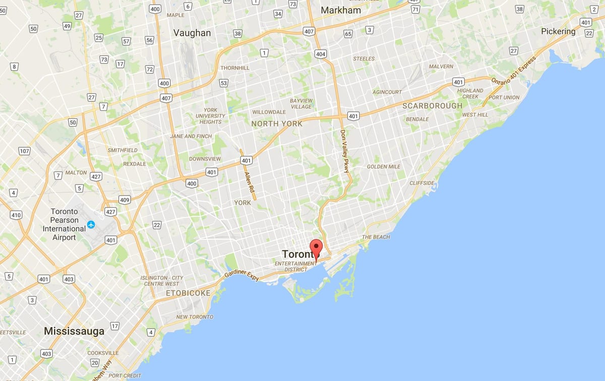 Karta över Östra Bayfront distriktet Toronto