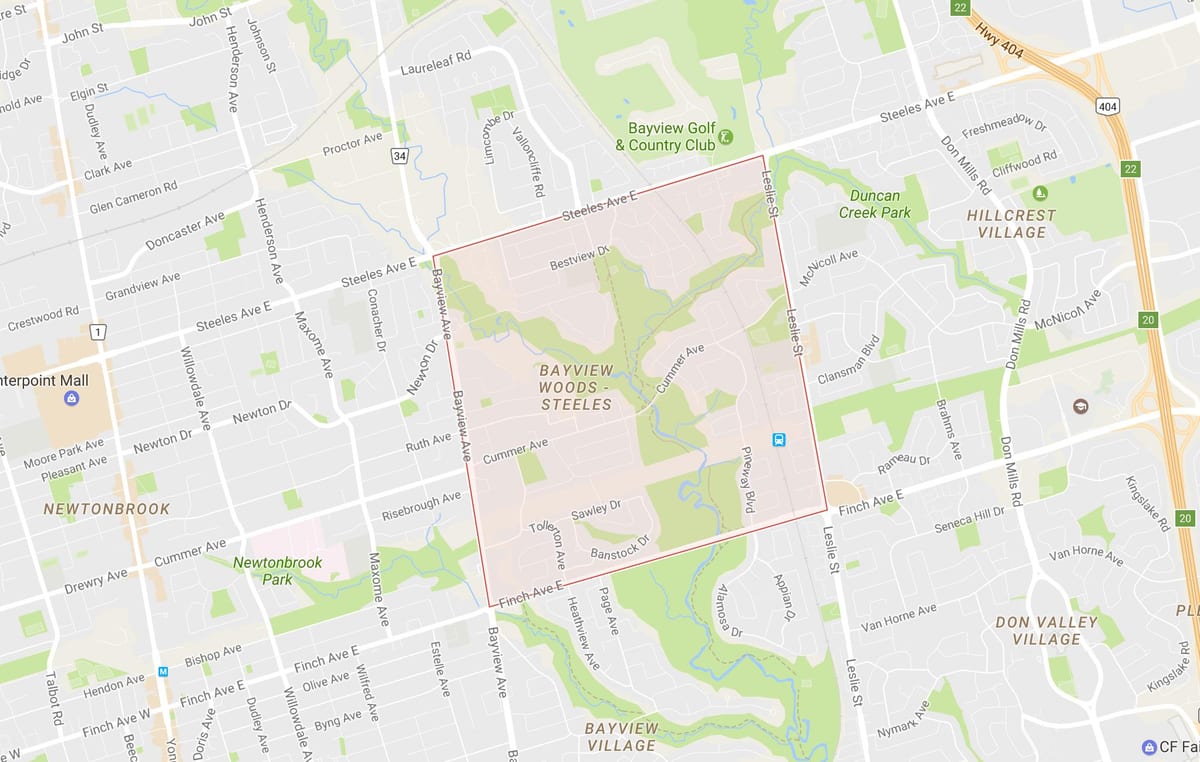 Karta över Bayview Woods – Steeles grannskapet Toronto