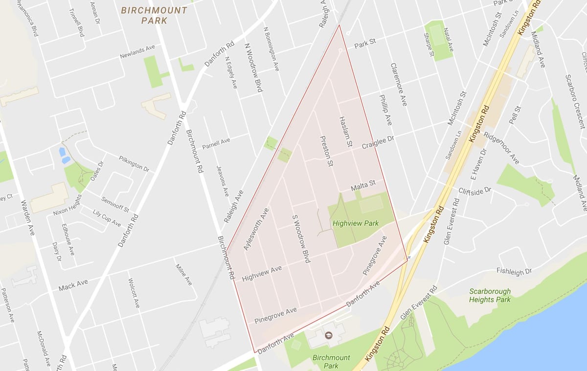 Karta av Björk Klippa Höjder grannskapet Toronto