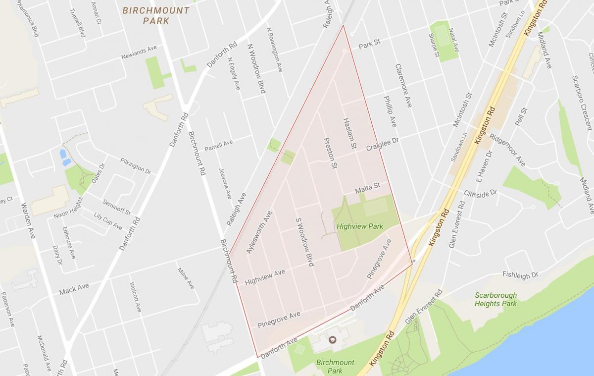 Karta av Björk Klippa Höjder grannskapet Toronto