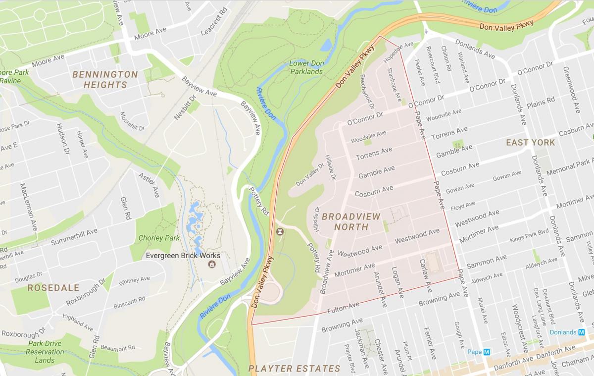 Karta över Broadview Norr stadsdel Toronto