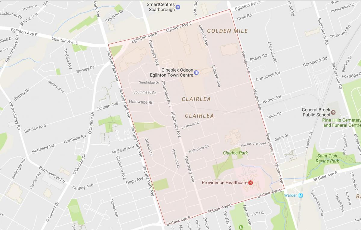 Karta över Clairlea grannskapet Toronto