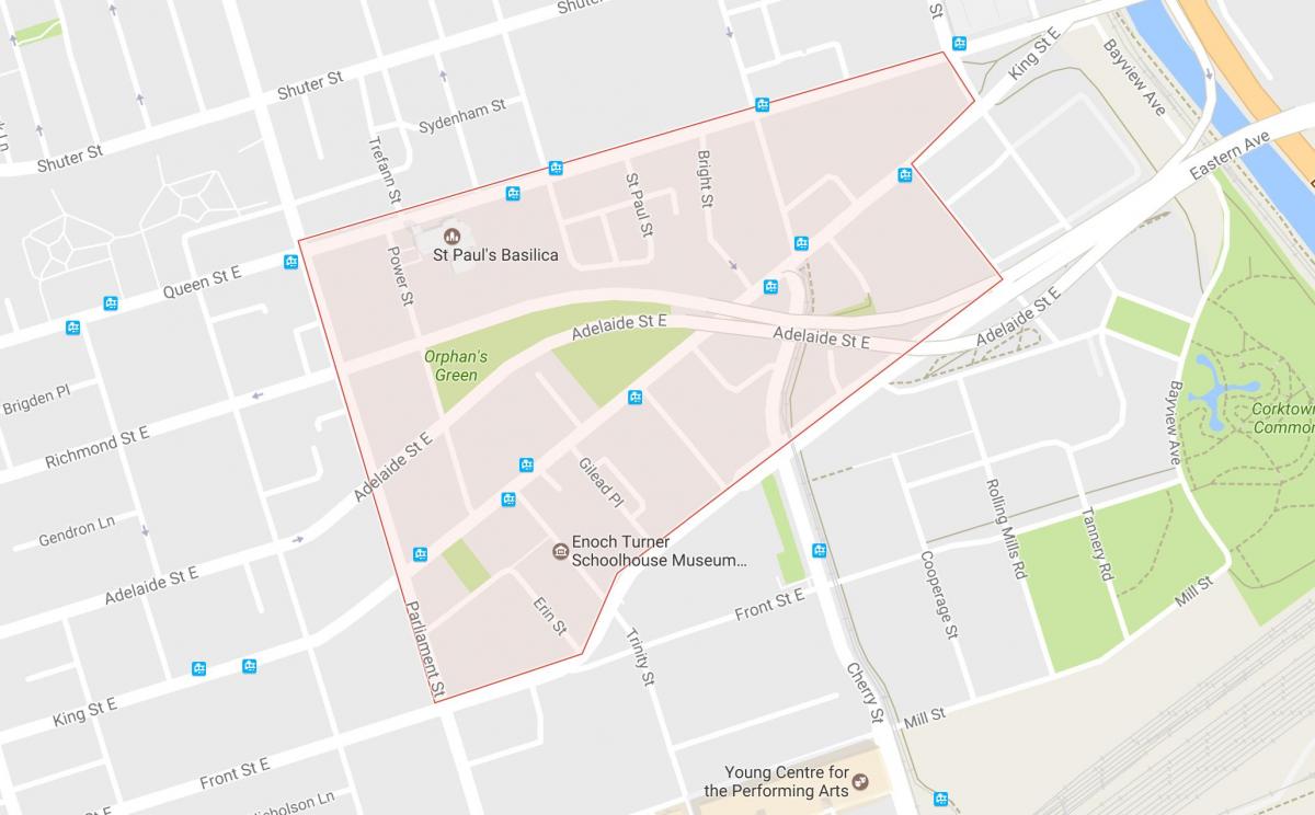 Karta över Corktown grannskapet Toronto