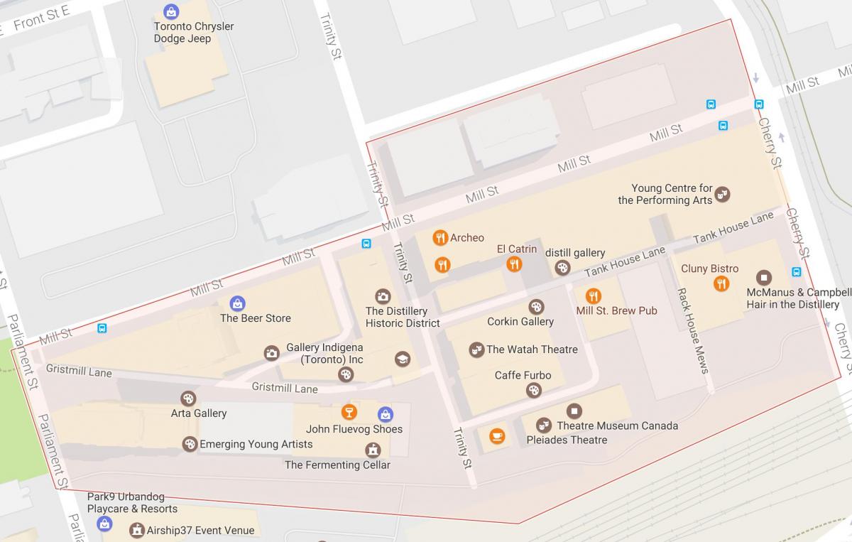Karta över Distillery District grannskapet Toronto