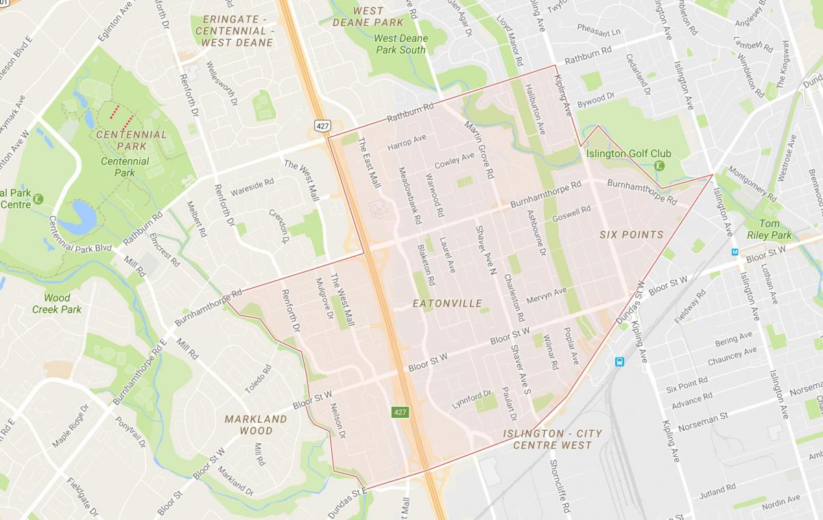 Karta över Eatonville grannskapet Toronto