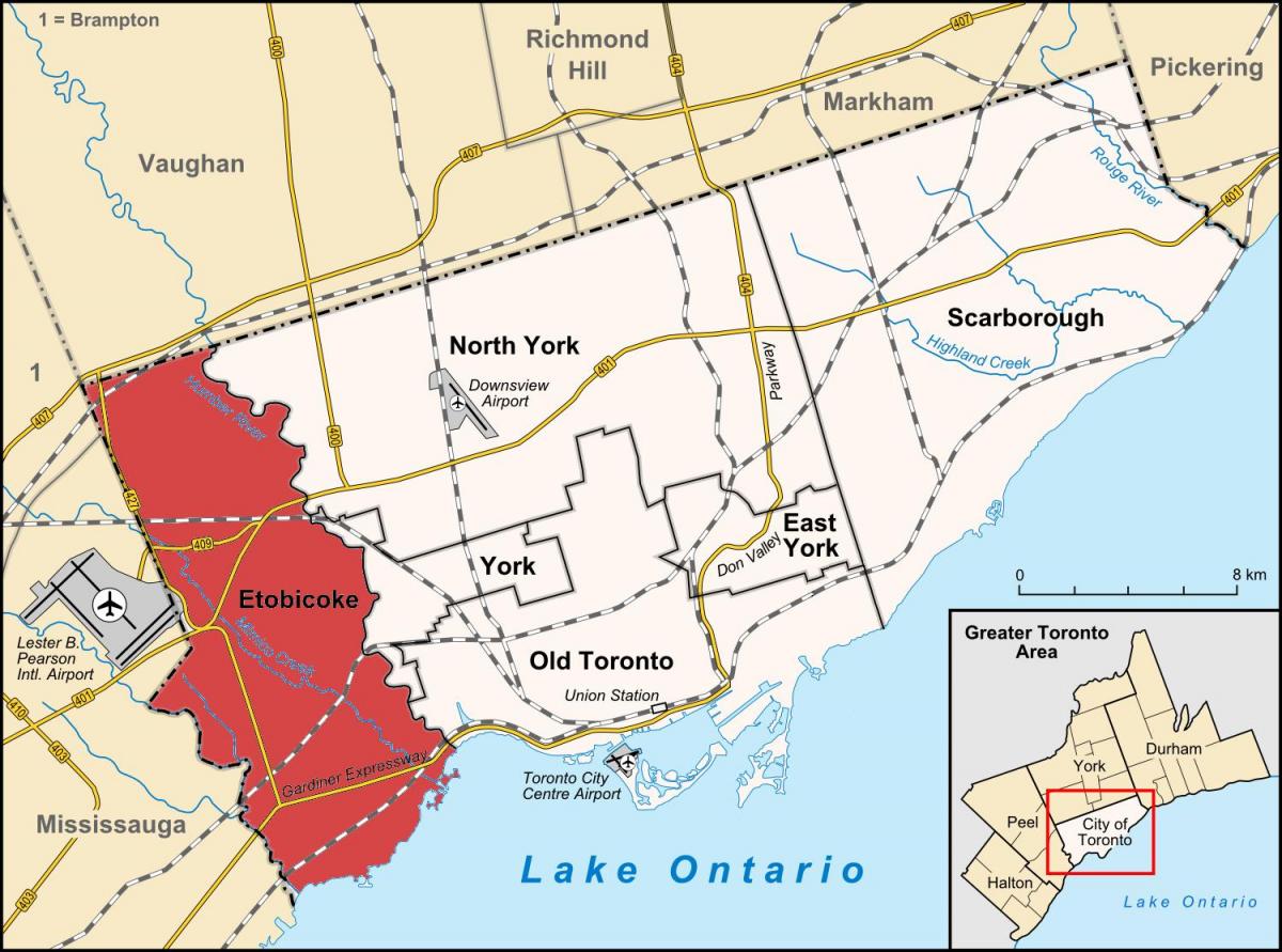 Karta över Etobicoke distriktet Toronto