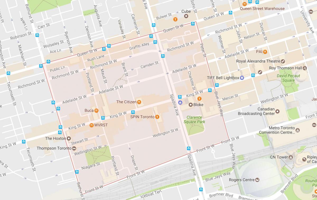 Karta över Fashion District grannskapet Toronto