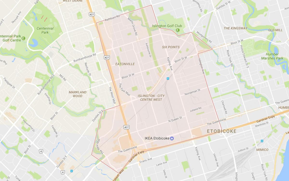 Karta över Islington-City Centre West kvarter Toronto