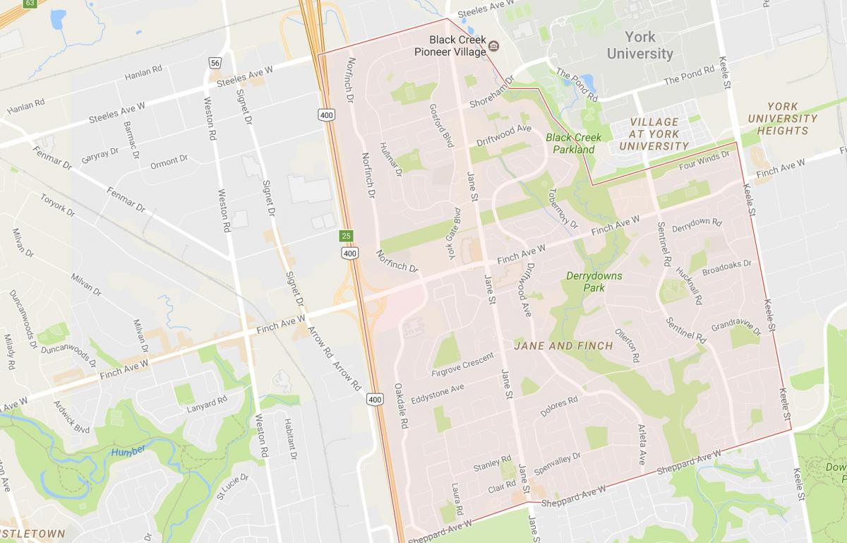 Karta av Jane och Finch grannskapet Toronto