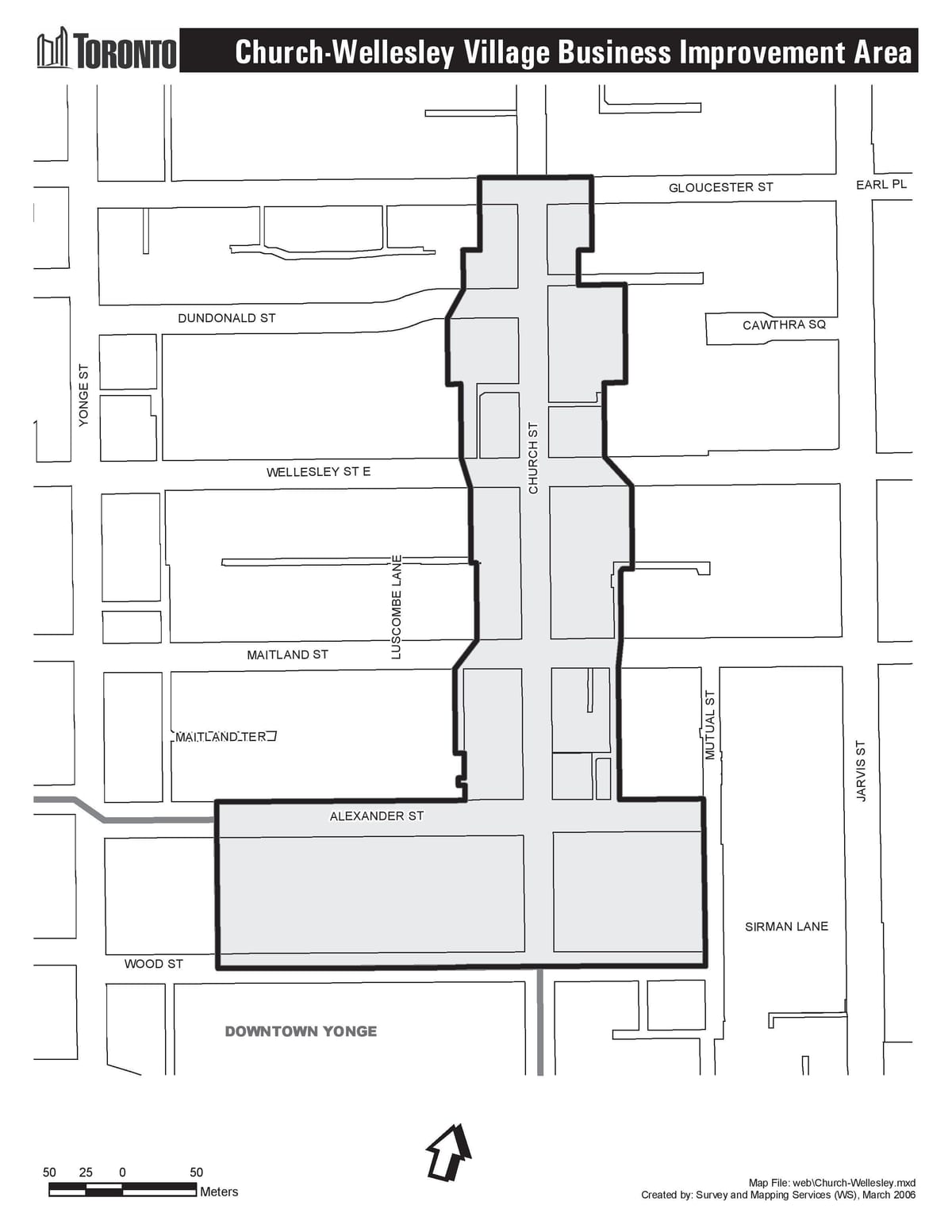 Karta över Kyrkan-Wellesley Byn business Improvement Området Toronto