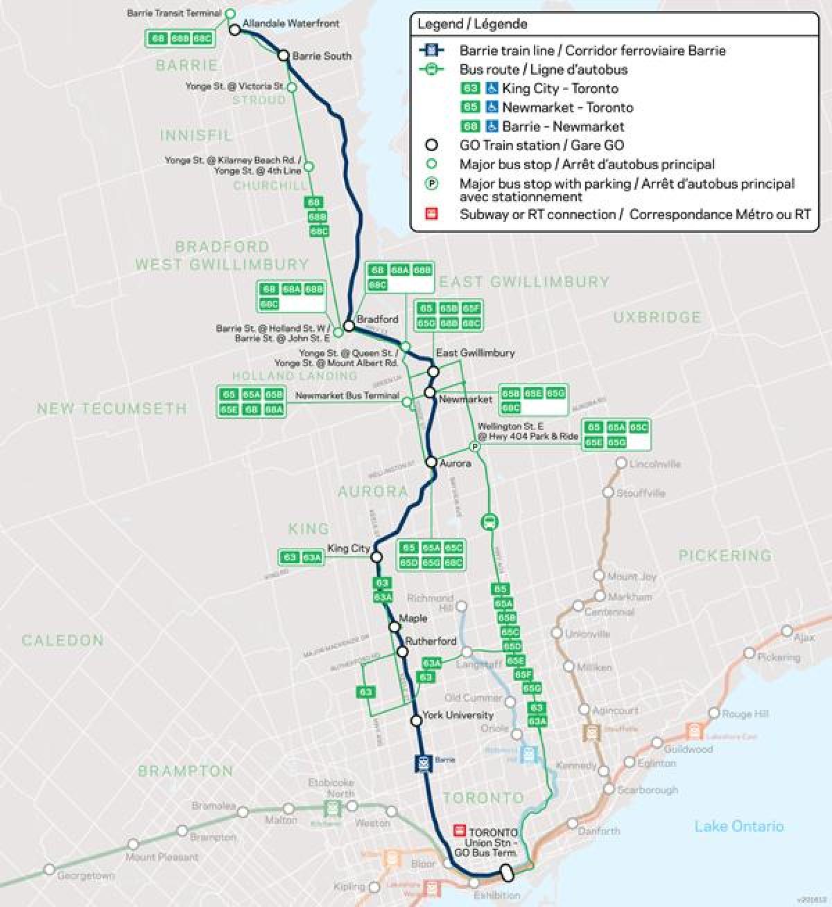 Karta över linjen Barrie Gå Transit