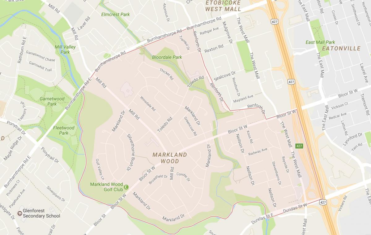 Karta över Markland Trä grannskapet Toronto