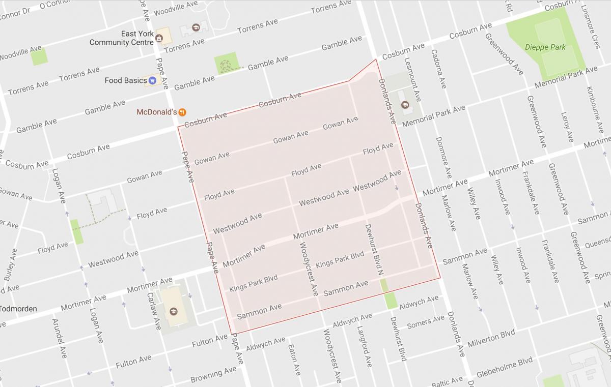 Karta över Pape Byn grannskapet Toronto
