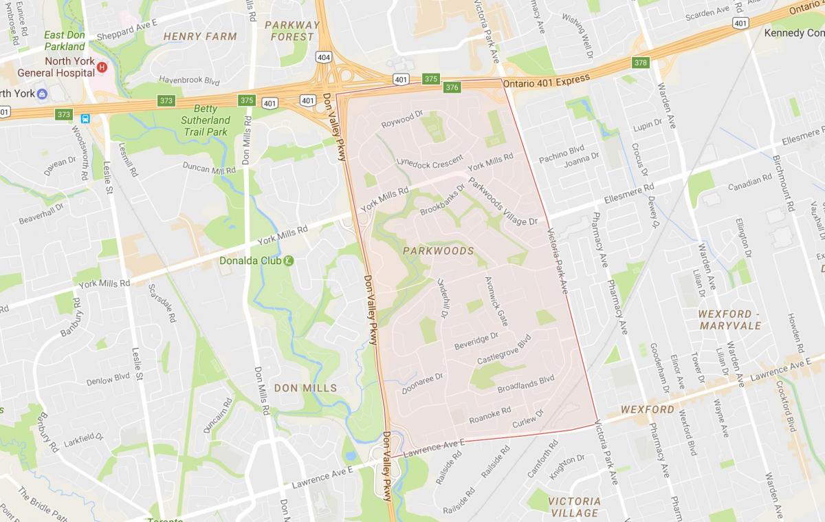 Karta över Parkwoods grannskapet Toronto