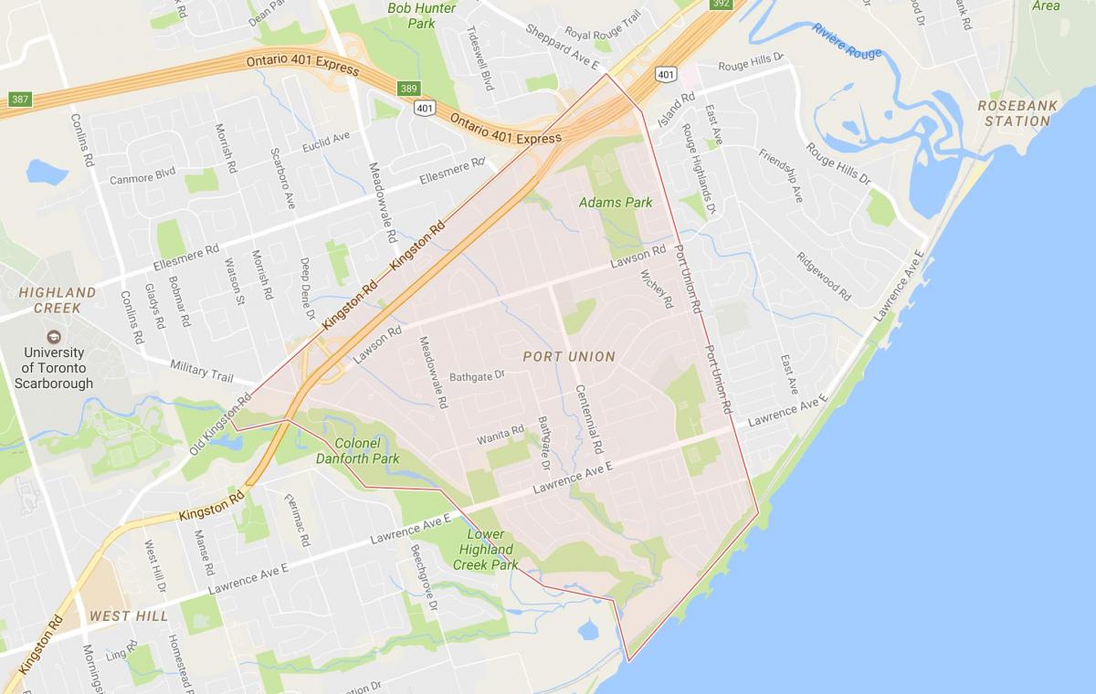 Karta över Port Unionens grannskap Toronto