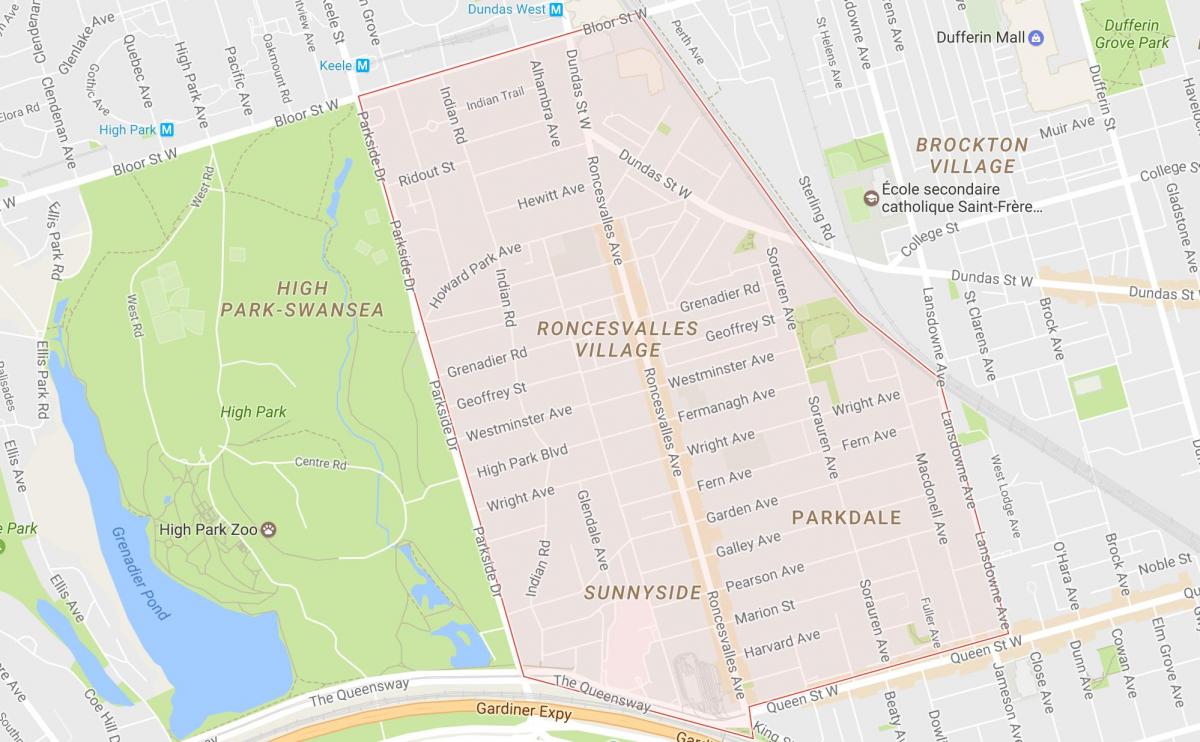 Karta över Roncesvalles grannskapet Toronto