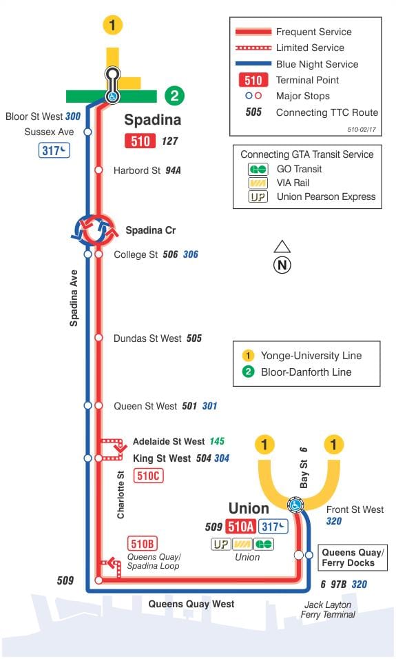 Karta över spårvagn linje 510 Spadina