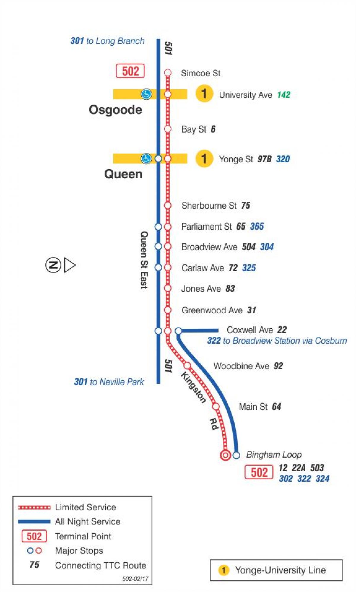Karta över spårvagn linje 502 Downtowner