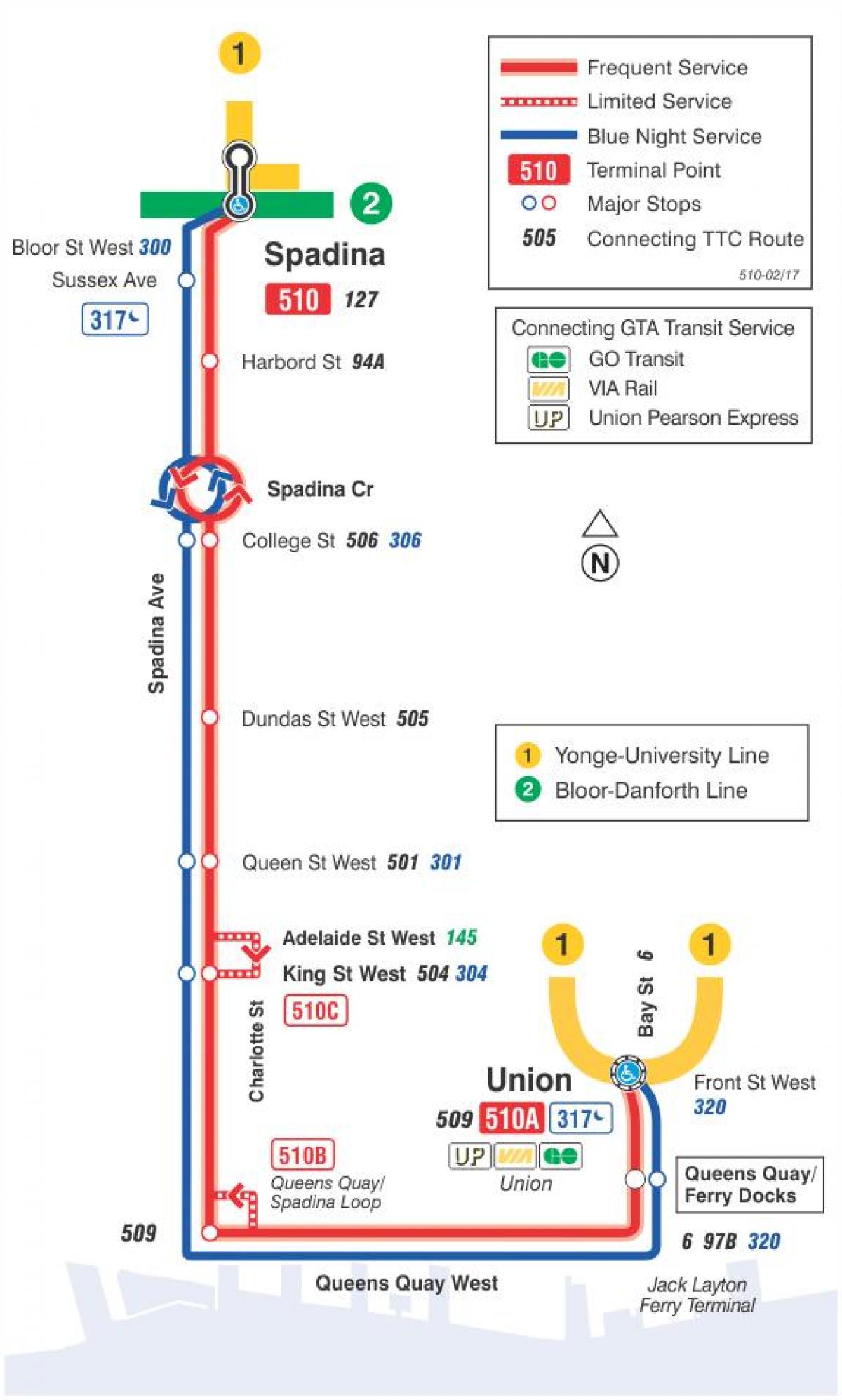 Karta över spårvagn linje 510 Spadina