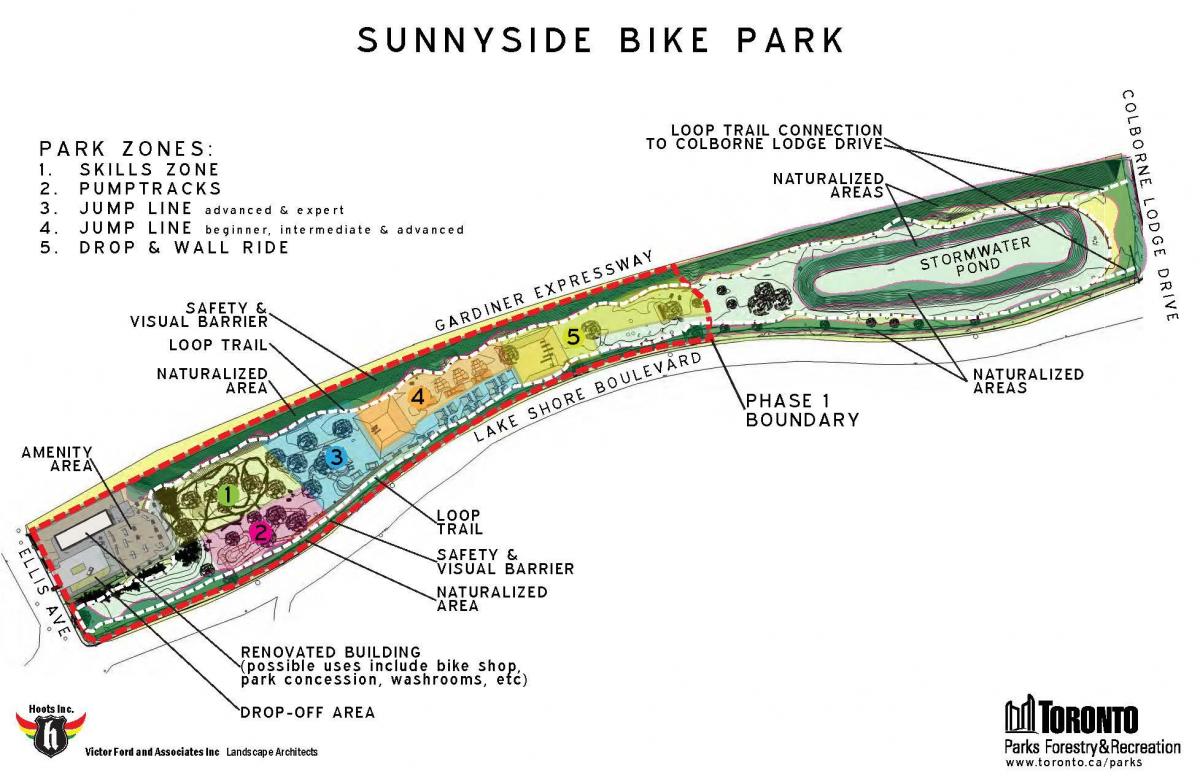 Karta över Sunnyside Bike Park zon Toronto