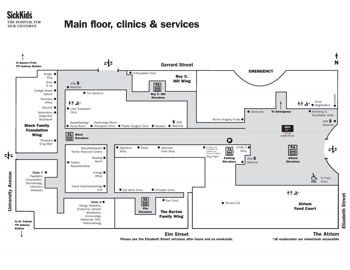 Karta över Sjukhuset för Sjuka Barn Toronto entréplan