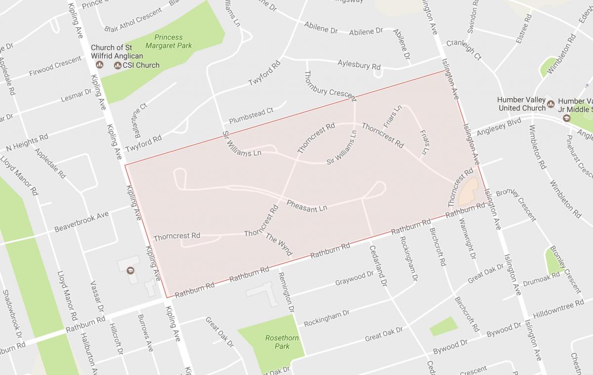 Karta över Thorncrest Byn grannskap grannskap Toronto