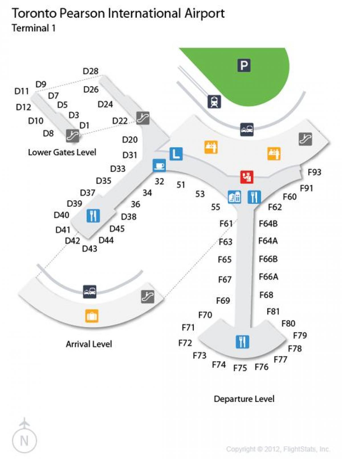 Karta över Toronto Pearson flygplatsen vid ankomst och avresa nivå