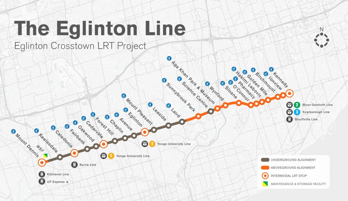 Karta över Toronto tunnelbana Eglinton linje projekt