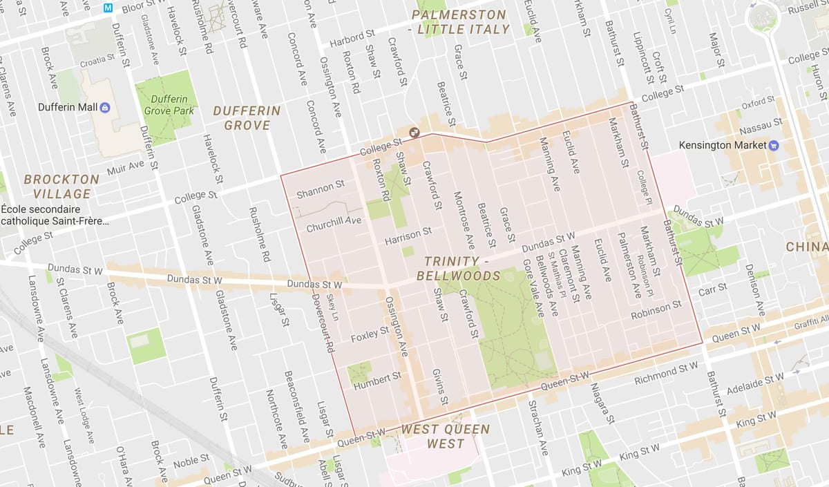 Karta över Trinity–Bellwoods grannskapet Toronto