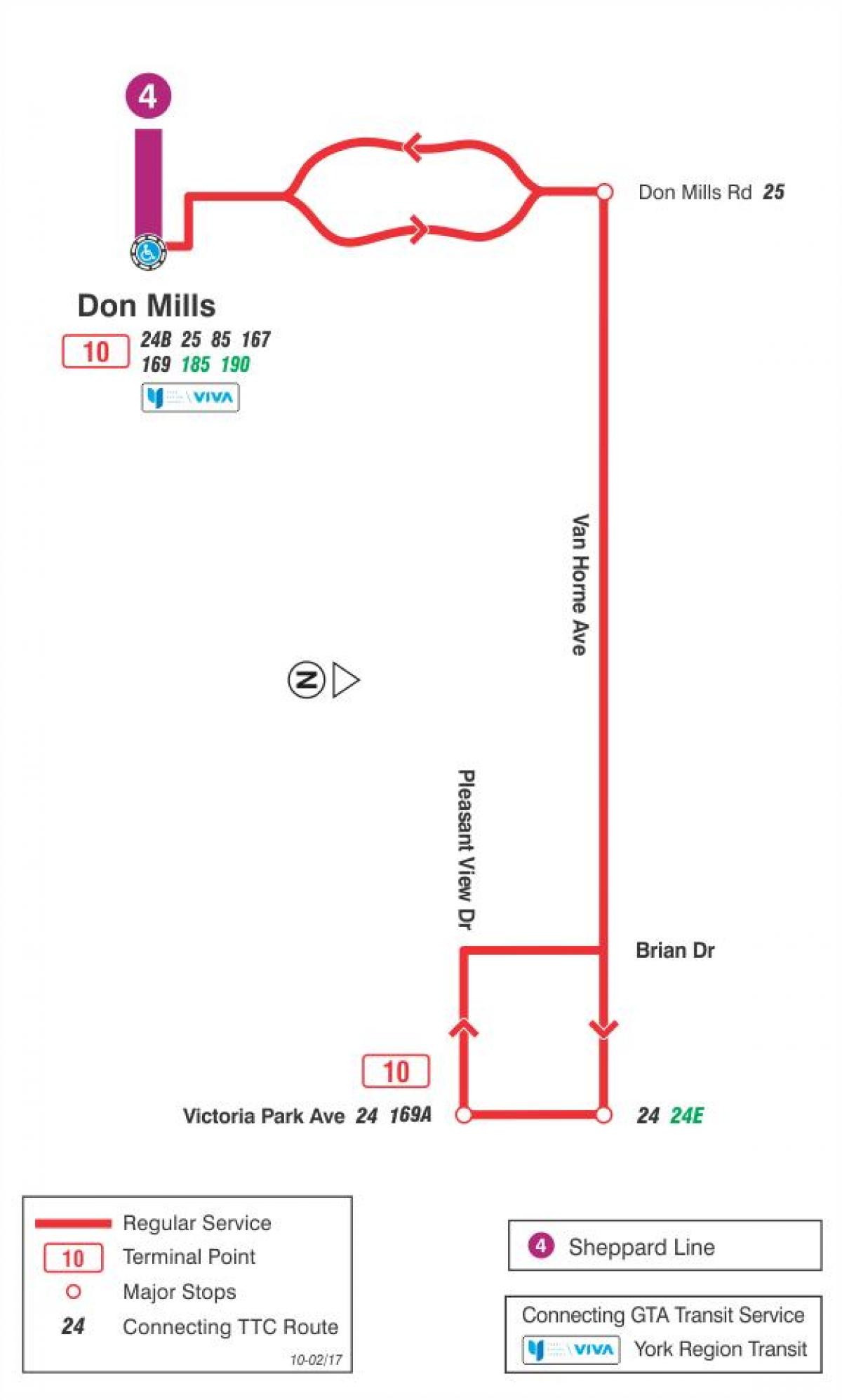 Karta över TTC 10 Van Horne busslinje Toronto