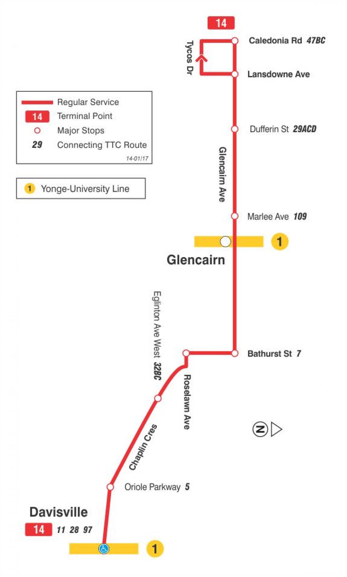 Karta över GRÄNSVÄRDE 14 Glencairn busslinje Toronto