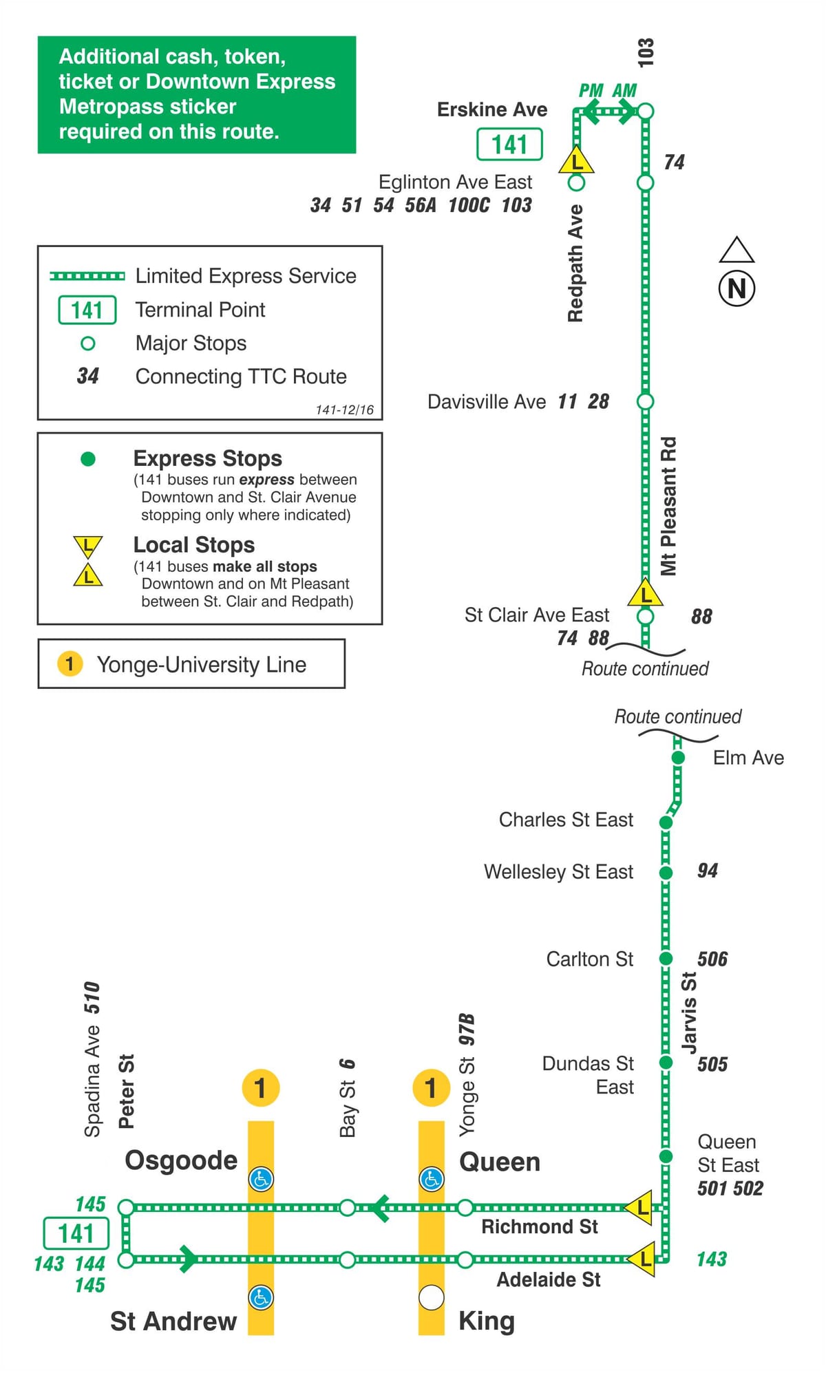 Karta över TTC 141 Downtown / Mt Pleasant Snabb busslinje Toronto