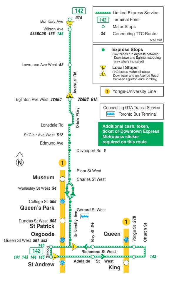 Karta över TTC 142 Downtown / Avenue Rd Snabb busslinje Toronto