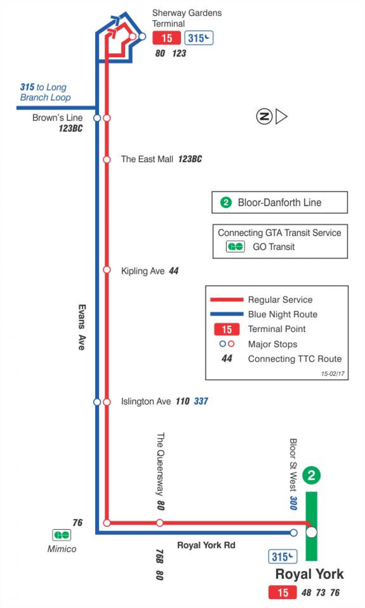 Karta över GRÄNSVÄRDE 15 Evans busslinje Toronto