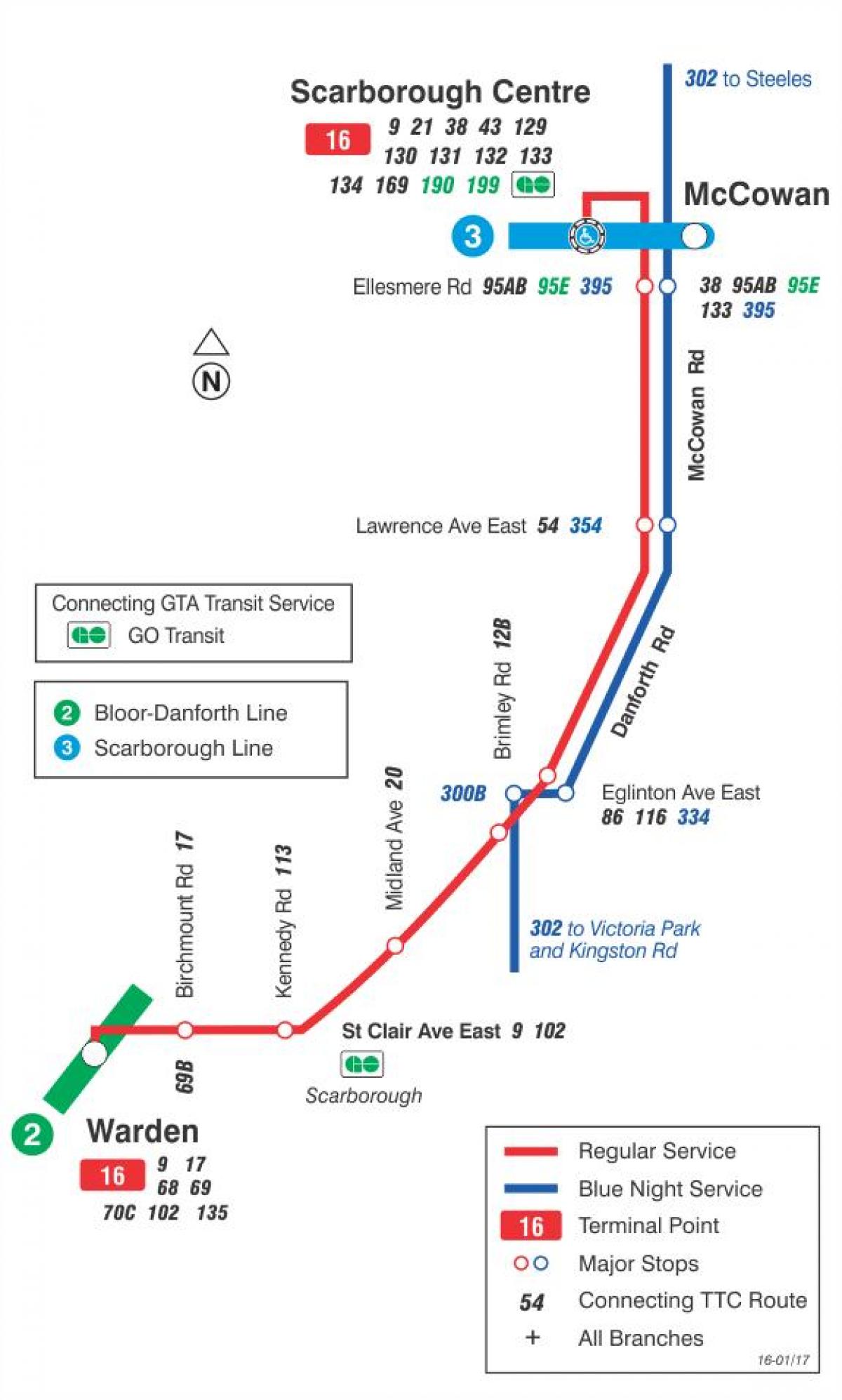 Karta över TTC 16 McCowan busslinje Toronto