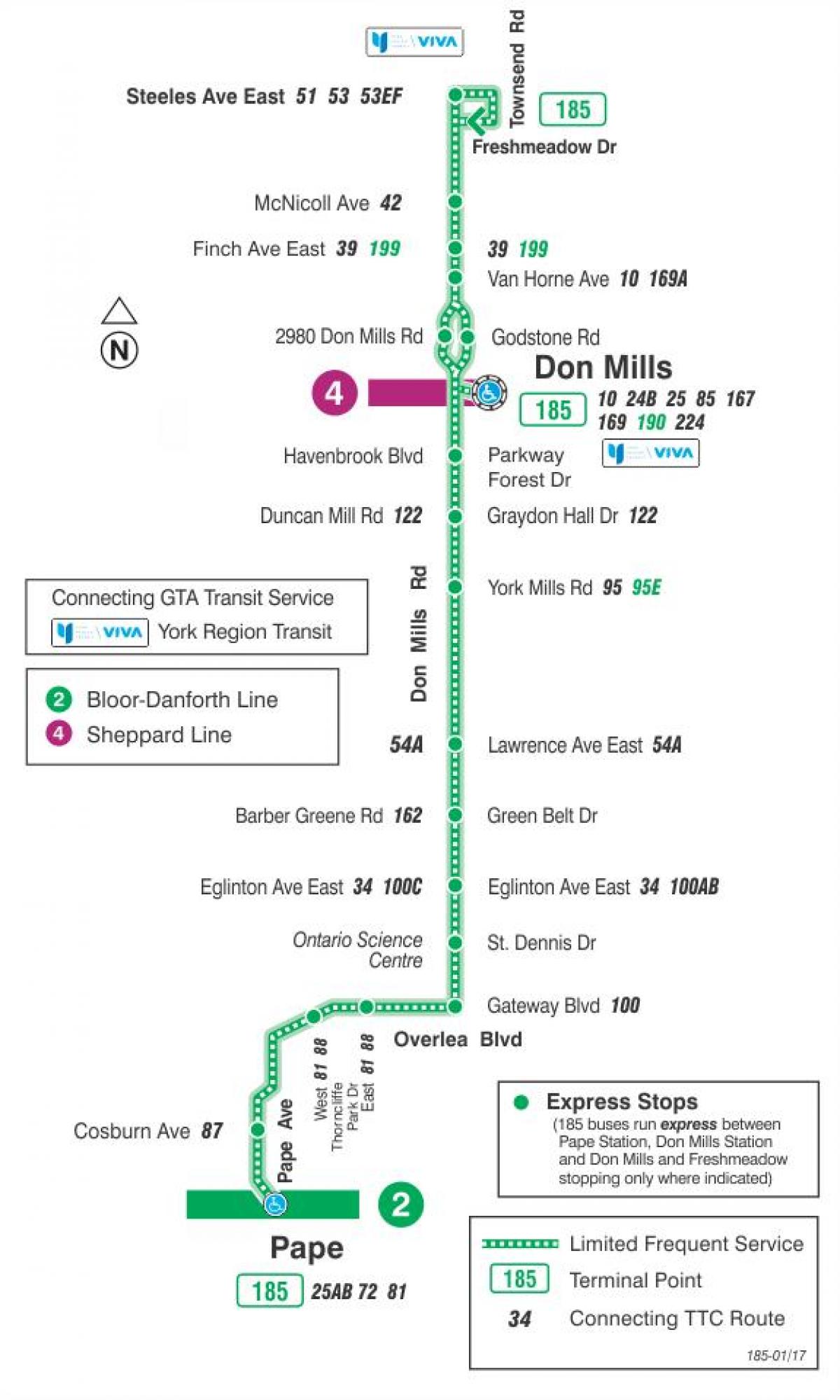 Karta över TTC 185 Don Mills Raket busslinje Toronto