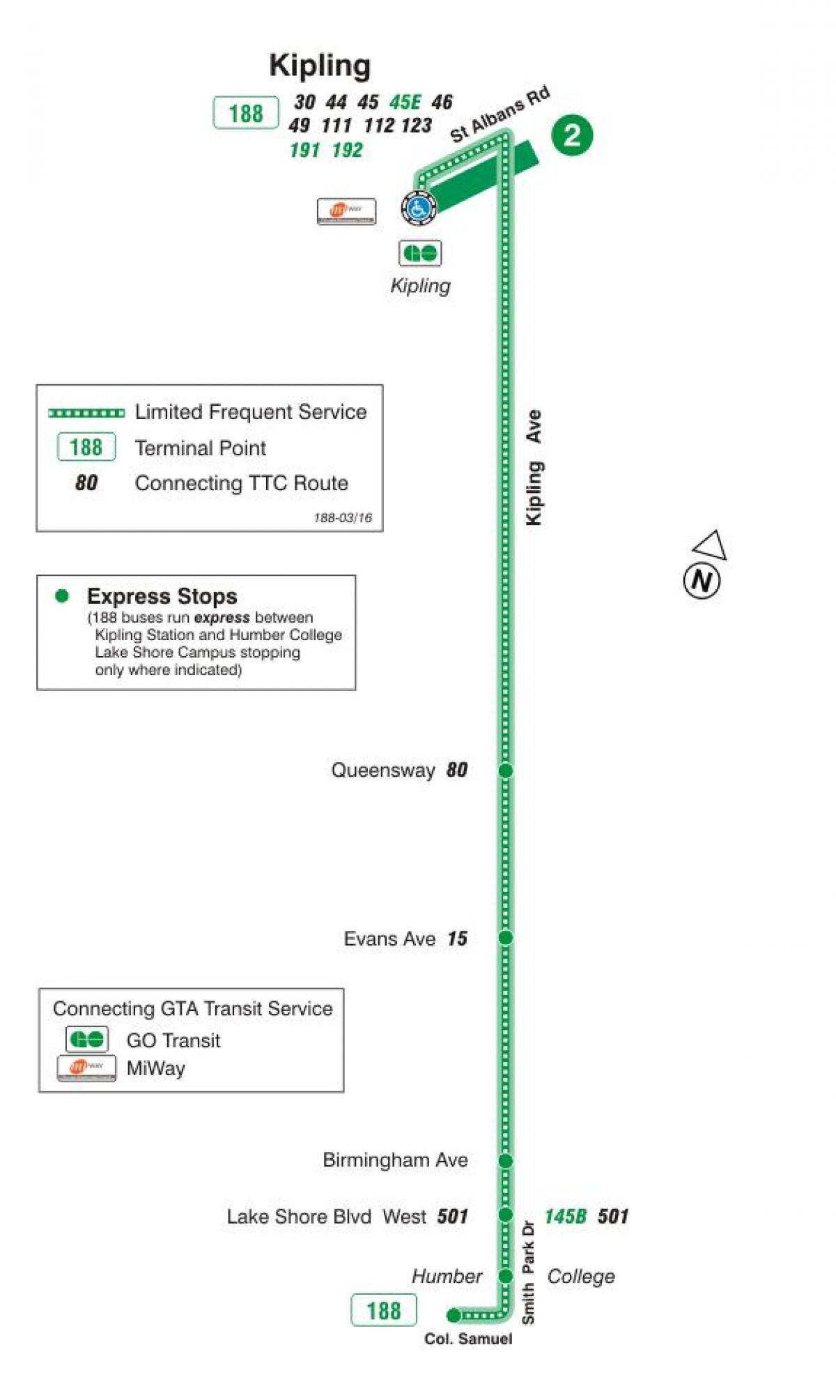 Karta över TTC 188 Kipling Söder Raket busslinje Toronto