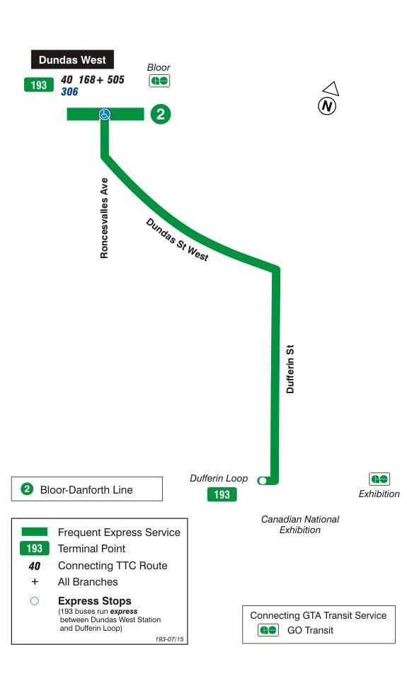Karta över TTC 193 Utställning Raket busslinje Toronto
