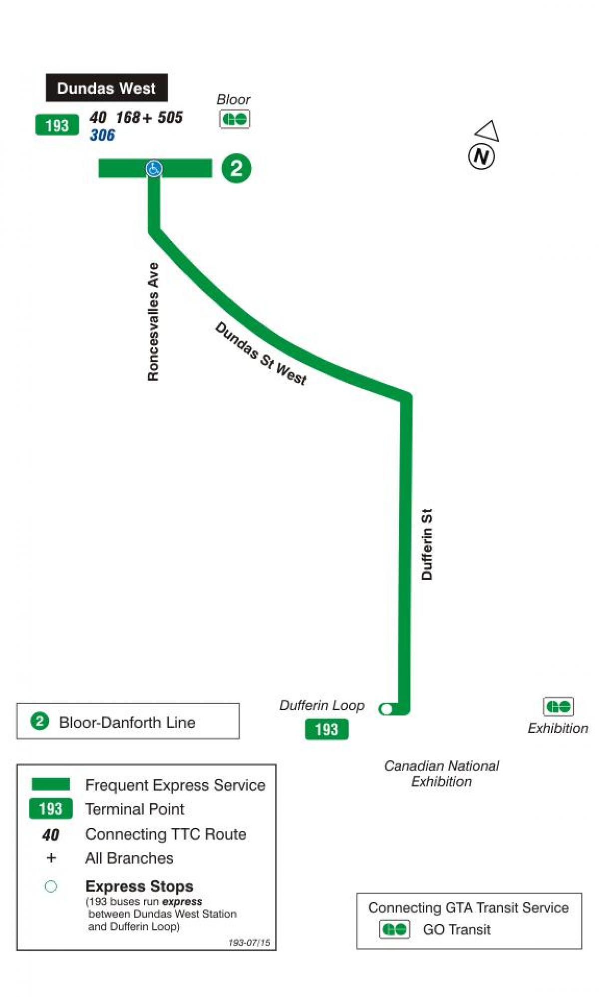 Karta över TTC 193 Utställning Raket busslinje Toronto