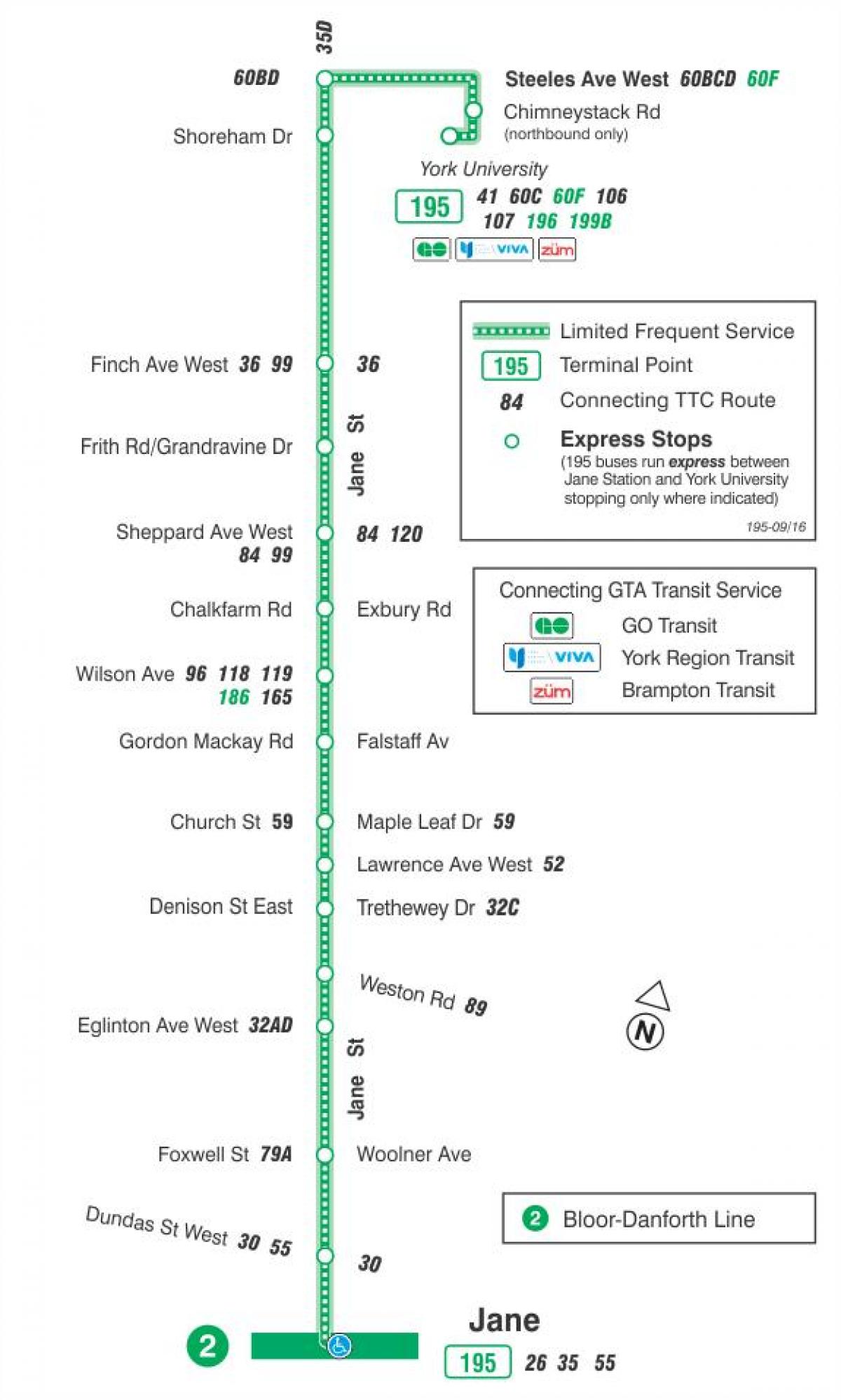 Karta över TTC 195 Jane Raket busslinje Toronto