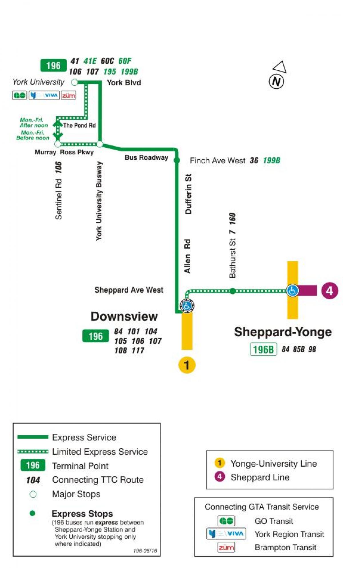 Karta över TTC 196 York University Raket busslinje Toronto