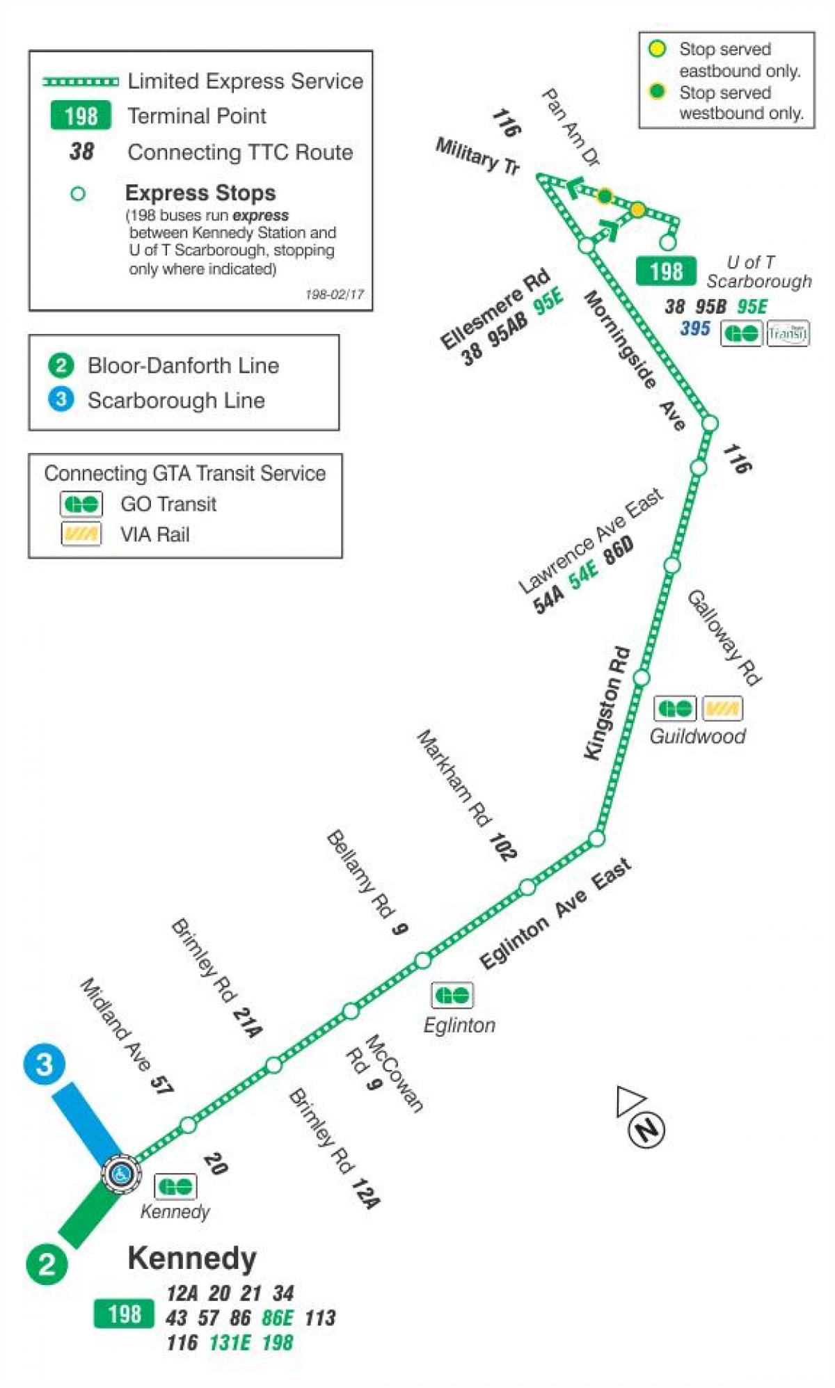 Karta över TTC 198 U T Scarborough Raket busslinje Toronto