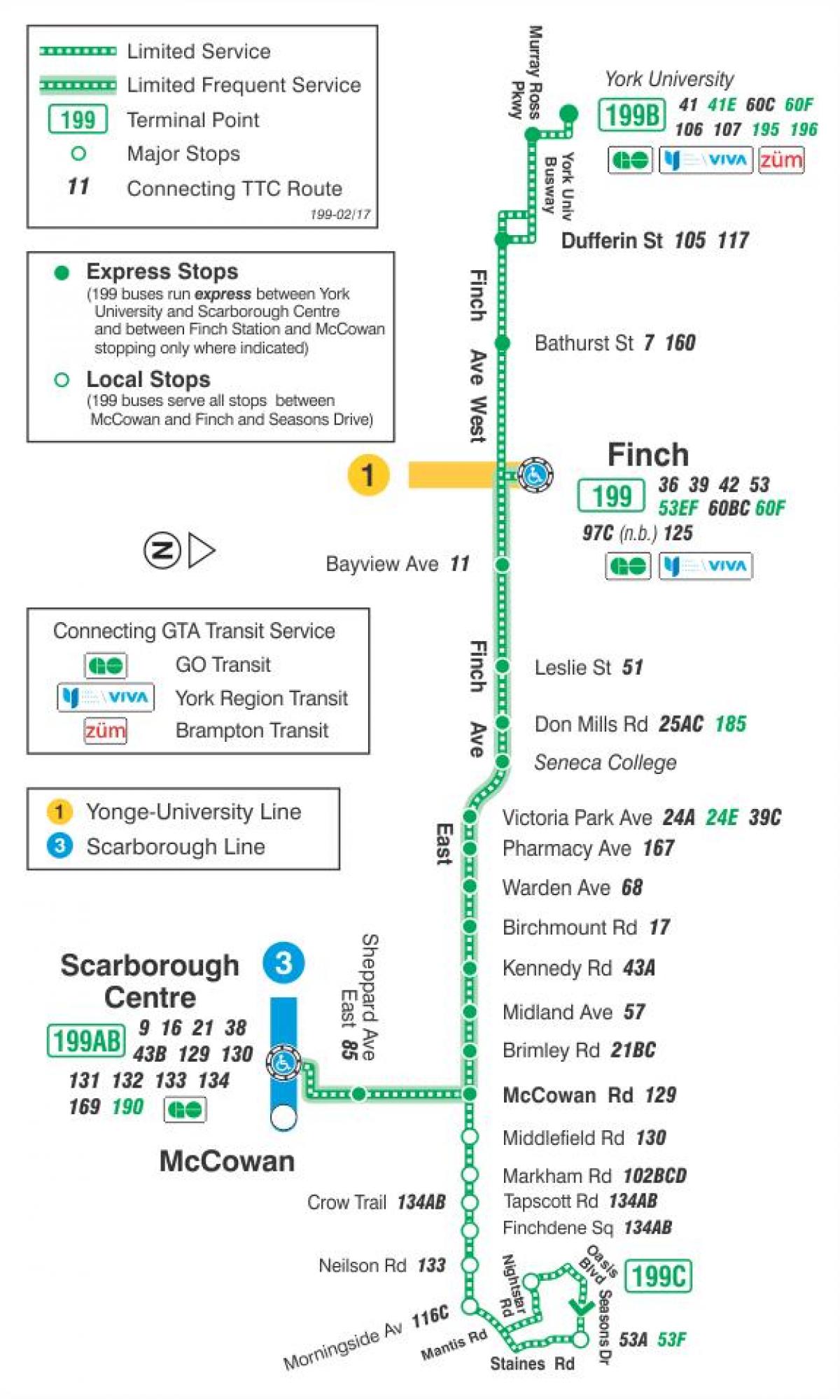 Karta över TTC 199 Finch Raket busslinje Toronto
