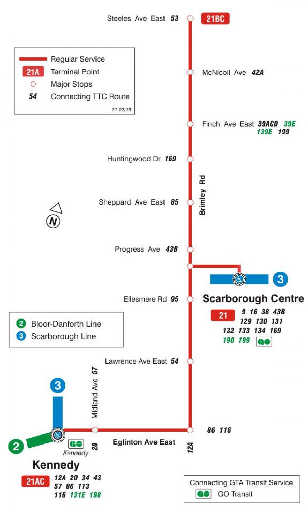 Karta över GRÄNSVÄRDE 21 Brimley busslinje Toronto