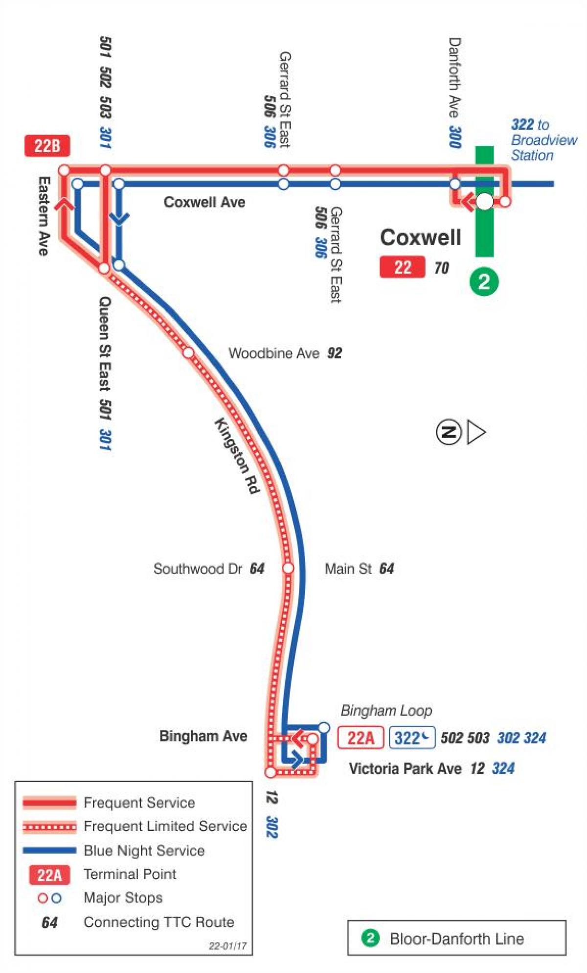 Karta över GRÄNSVÄRDE 22 Coxwell busslinje Toronto