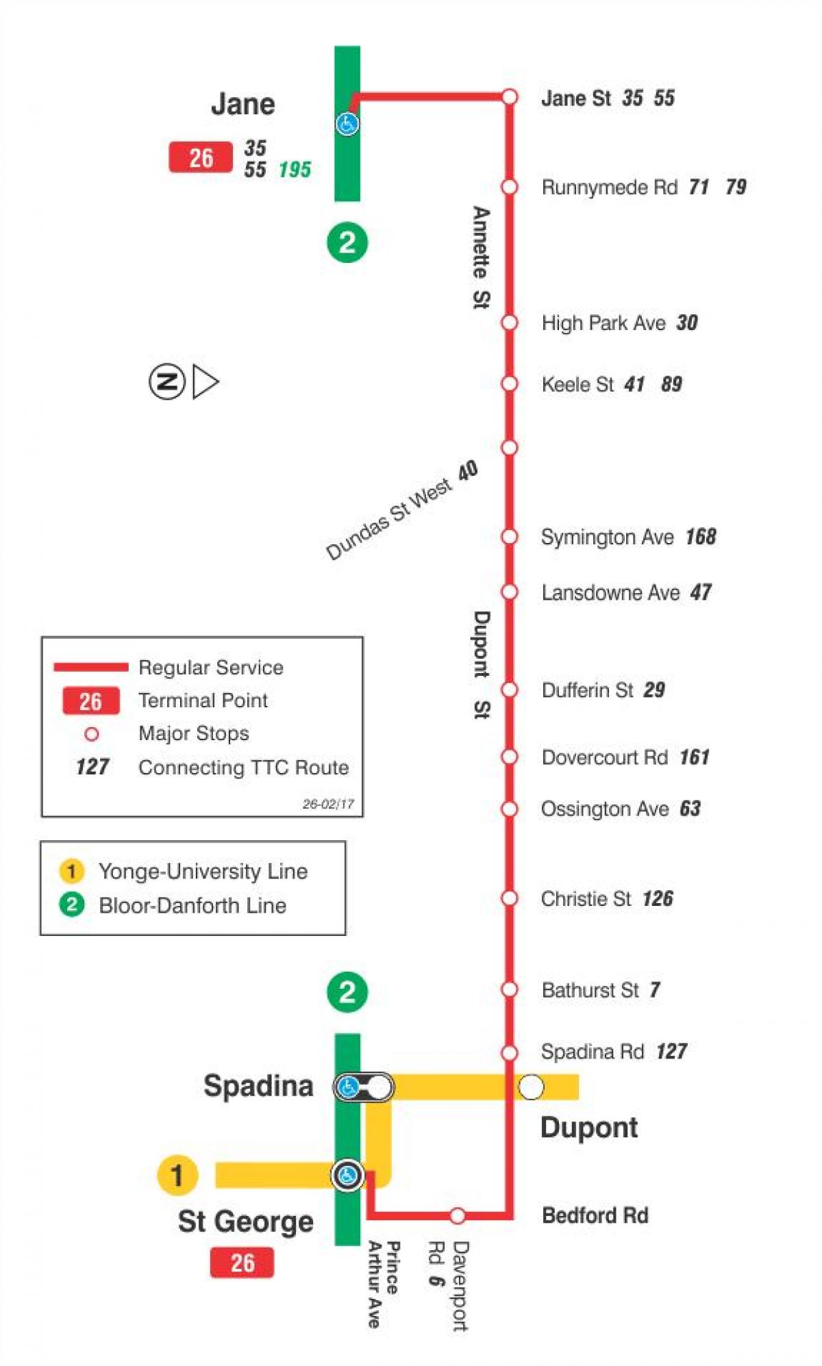 Karta över GRÄNSVÄRDE 26 Dupont busslinje Toronto
