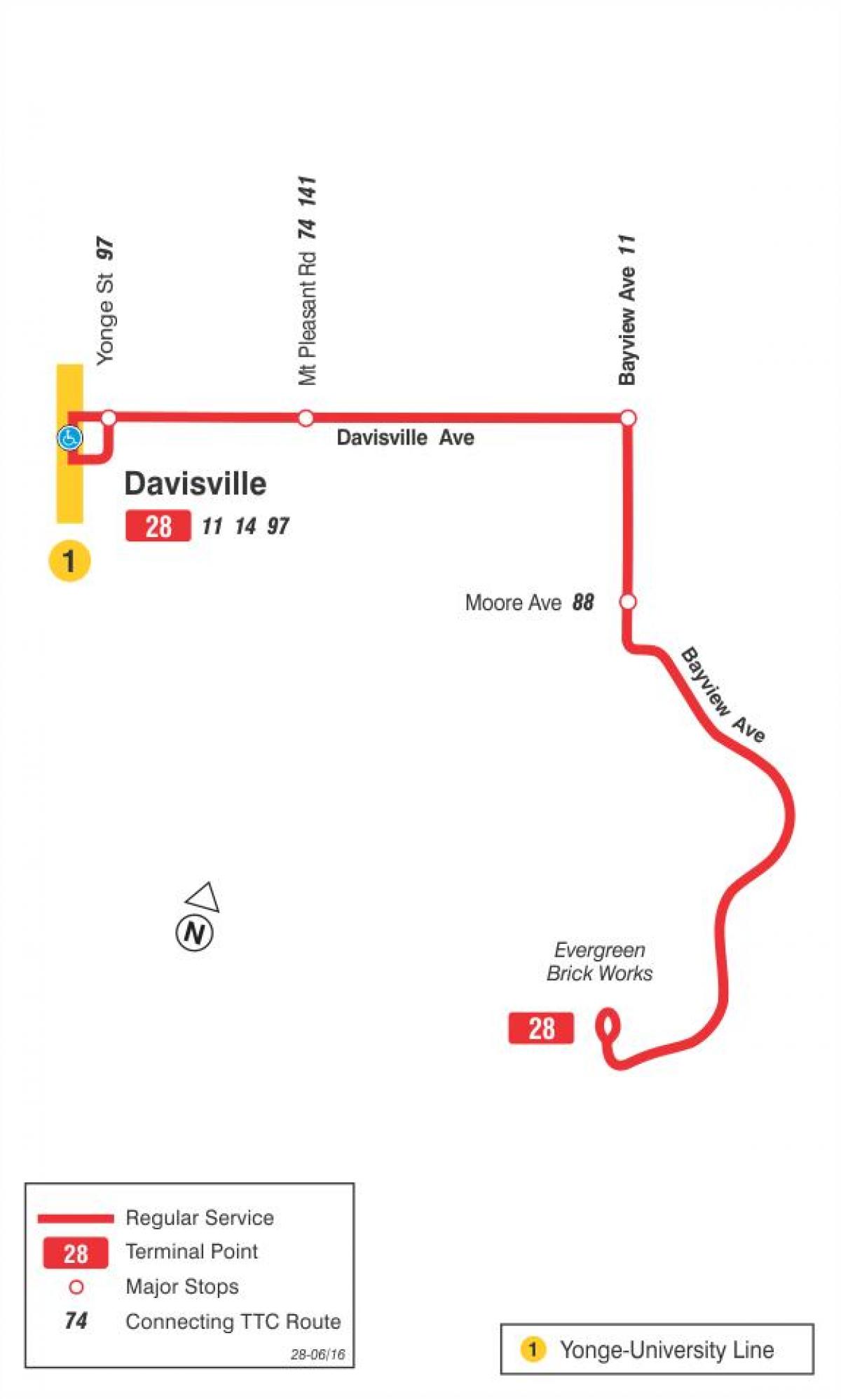 Karta över GRÄNSVÄRDE 28 Bayview Söder busslinje Toronto