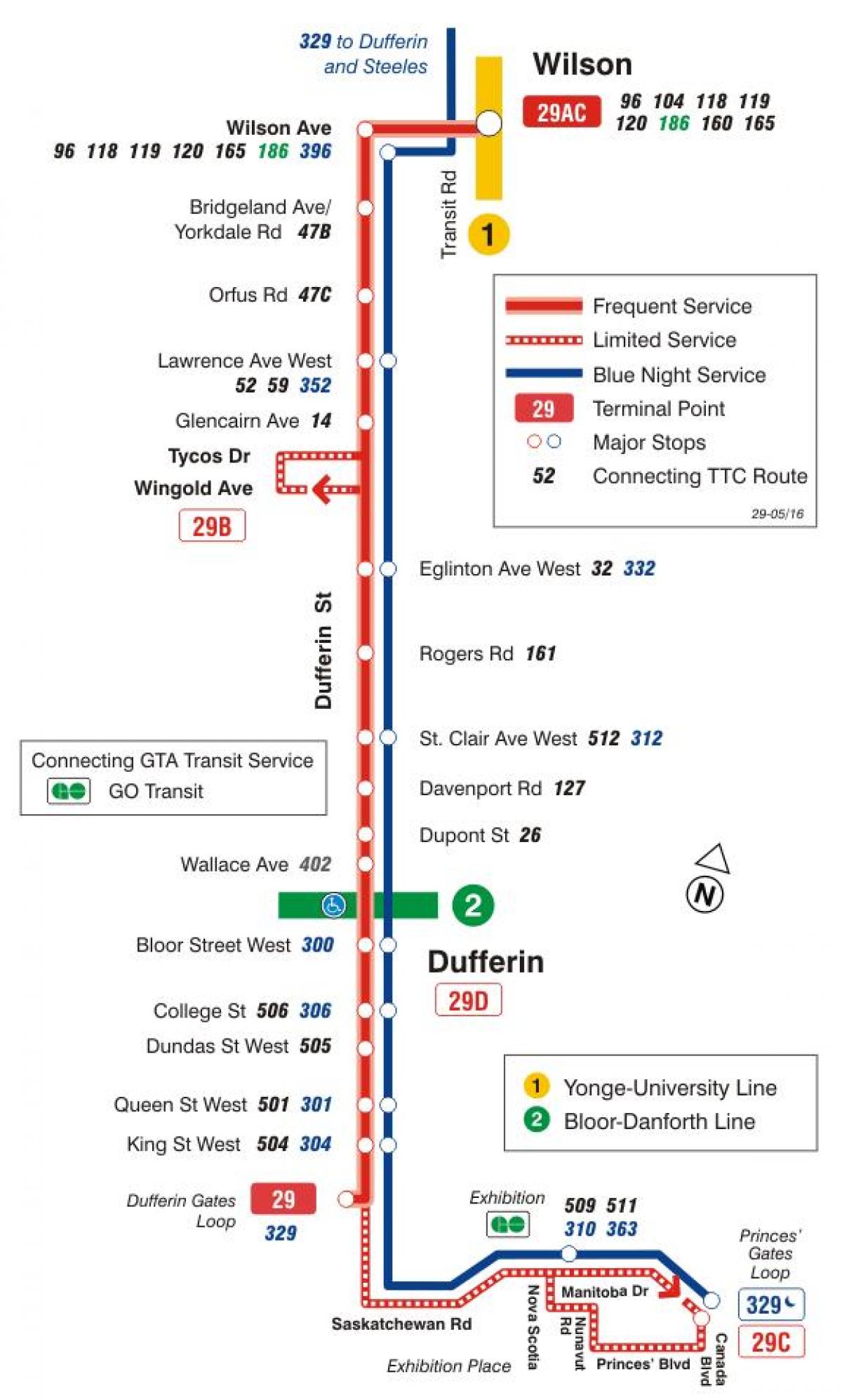 Karta över GRÄNSVÄRDE 29 Dufferin busslinje Toronto