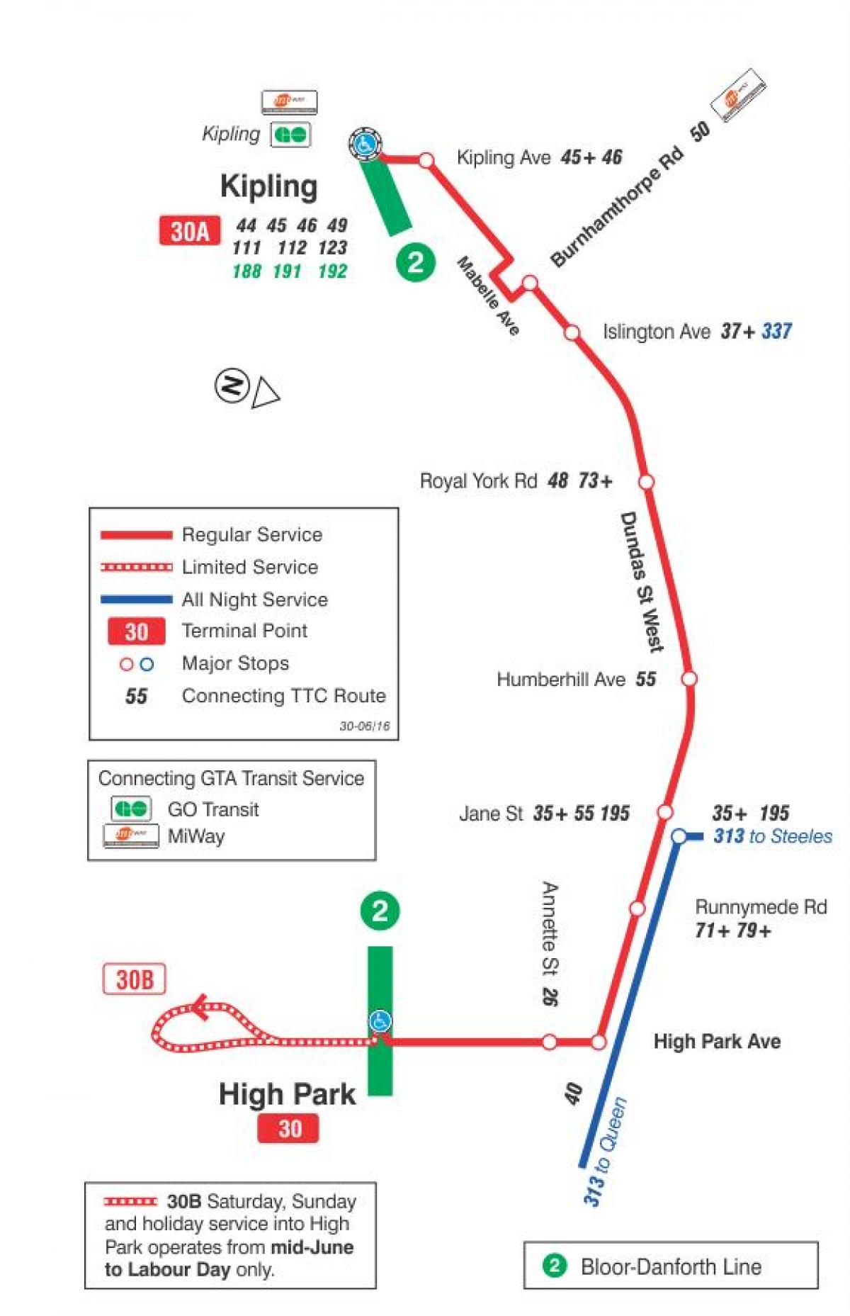 Karta över GRÄNSVÄRDE 30 Lambton busslinje Toronto
