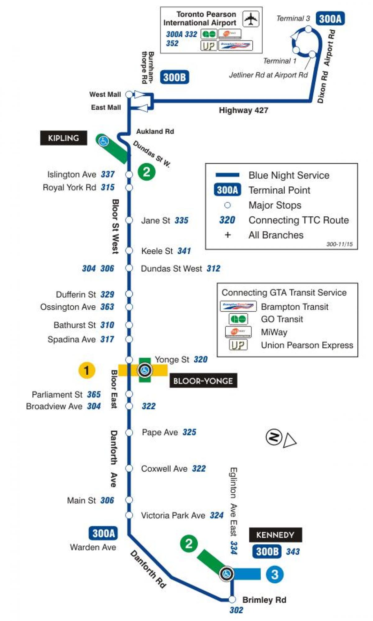 Karta av TTC-300A Bloor-Danforth busslinje Toronto